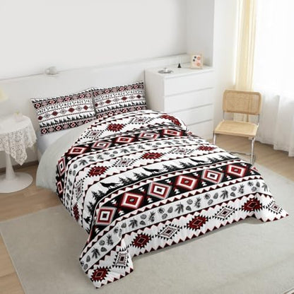 Manfei Aztec Geometric Kids Comforter Set Twin Size,Rustic Farmhouse Wolf Bedding Set for Boys Girls Room Decor,Pine Tree Country Quilt Comforter,Red Black Duvet Set Bedroom Quilt Set,1 Pillowcase