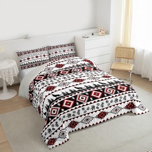 Manfei Aztec Geometric Kids Comforter Set Full Size,Rustic Farmhouse Wolf Bedding Set,Girls Boys Room Decor,Pine Tree Country Quilt Comforter,Red Black Duvet Set Bedroom Quilt Set,2 Pillowcases