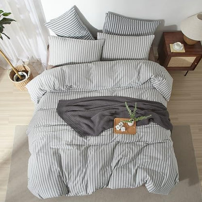 Striped Duvet Cover Set 100% Washed Cotton Linen Feel Queen