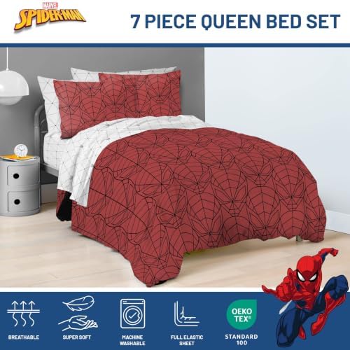 Marvel Spiderman Queen Comforter Set 7 Piece Bedding for Boys, Red