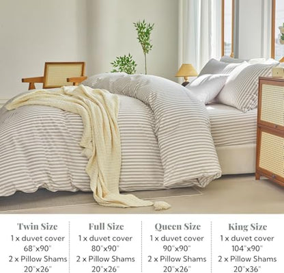 Striped Duvet Cover Set Queen Size 3 Pcs 100% Washed Cotton Linen Like Textured Natural Wrinkle Comfy Breathable (Queen, Classic Stripe-Linen Grey/White)