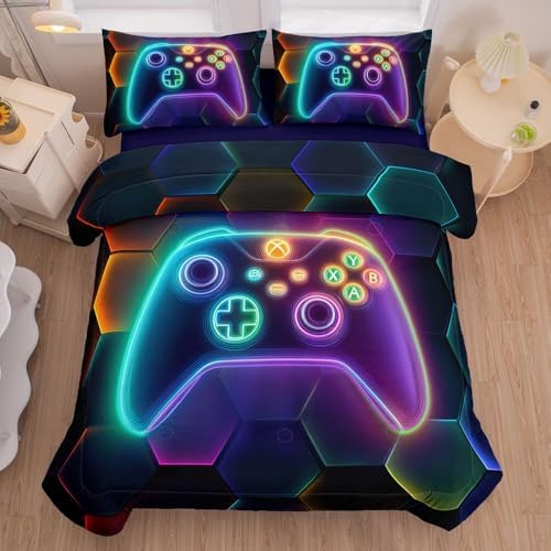 5PCS Gaming Comforter Sets Queen,Queen Comforter Set for Boys,Gaming Geometry Bed Set for Boys,Adults,Teens,All Season Use