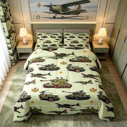 Manfei Aircraft Tank Comforter Set King Size, Green Camo Helicopter Airplane Bedding Set 3pcs for Kids Boys Teens Room Decor, Military Army Equipment Down Comforter with 2 Pillowcases, No Sheets