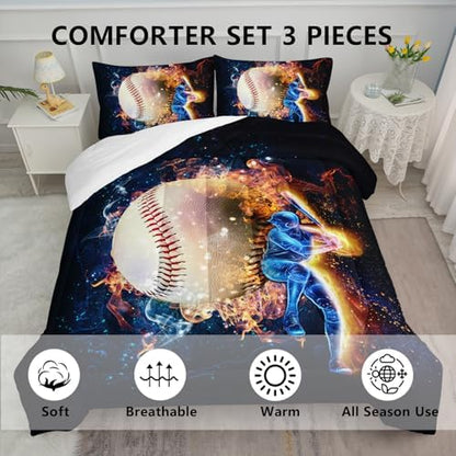 Axolotl 3D Baseball Comforter Set King,Sports Bedding,Red Blue Water Fire Comforter Set,Sports Baseball Loveer Bedding,Ball Sport Game Quilt for Kids Boys Teens Adults,1 Quilt 2 Pillowcases