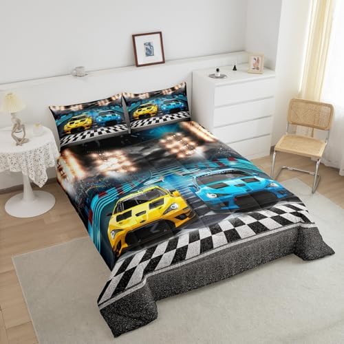 Feelyou Sports Car Comforter Extreme Sports Decor Comforter Set for Kids Boys Yellow Blue Race Car Bedding Set Cool Speed Competitive Racing Car Quilt Set Room Decor 2Pcs Twin Size