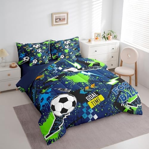 Erosebridal Boys Soccer 7 Piece Bedding Set King Size,Lightning Football Bed in a Bag,Sports Ball Game Bed Set Includes Comforter, Sheet Set, Pillowcases & Pillow Covers All Season Bedroom Decor