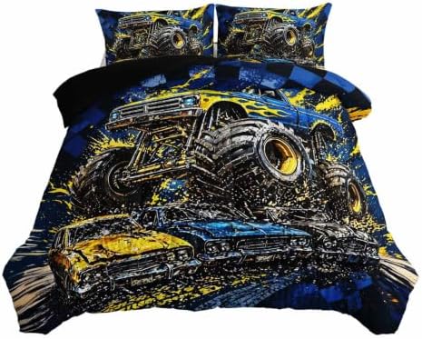 AILONEN Full Comforter Set 3 Piece, Blue Yellow Off Road Truck 3D Printed Bedding with 2 Pillowcases, Soft Breathable Microfiber Checkered Racing Decor for Guest Room