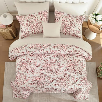 8 Pieces Floral Comforter Set Queen Size Red Bed in a Bag Bedding Set
