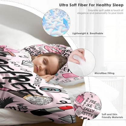 Pamnest Twin Comforter Set, 2 Pieces Makeup Pink Bedding, All Season
