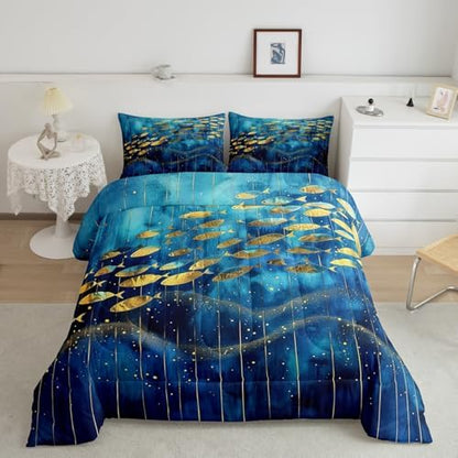 Homewish Gold Fish Silhouette Bedding Set Full Size,Blue Watercolor Comforter Set 3Pcs for Kids Girls Boys Teens Room Decor,Vintage Abstract Art Quilt Set Luxury Stripes Duvet Insert,2 Pillowcases