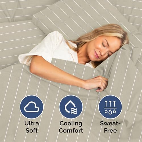 Split King Size 5 Piece Sheet Set - Soft & Cooling Sheets - Beige Stripes 4