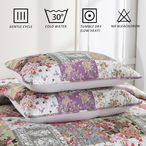 HIARUO Quilt Set King Size, 3 Pieces Bedspread Coverlet Plaid Patchwork Quilt Farmhouse King Size Comforter Set Lightweight Bedding with 2 Pillow Covers Shams for All Season Floral Red Purple