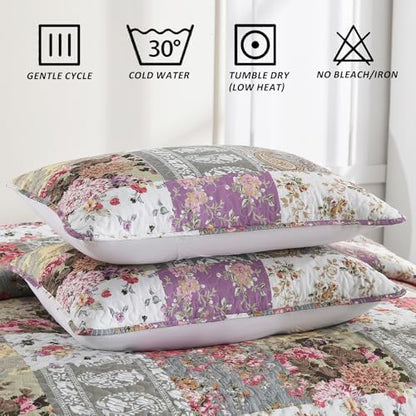 HIARUO Quilt Set King Size, 3 Pieces Bedspread Coverlet Plaid Patchwork Quilt Farmhouse King Size Comforter Set Lightweight Bedding with 2 Pillow Covers Shams for All Season Floral Red Purple