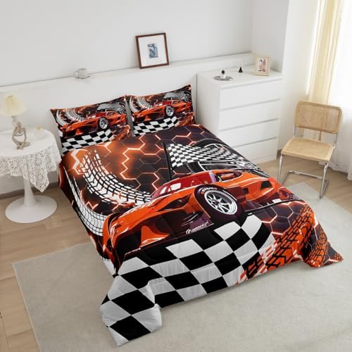 Toddler Race Car Bed,Orange Neon Lights Honeycomb Twin Bedding Set for Boys Cool Sports Car Glitter Beehive Geometric Hexagon Comforter Set,Black White Grid Lattice Quilt Buffalo Plaid Decor