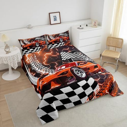 Toddler Race Car Bed,Orange Neon Lights Honeycomb Twin Bedding Set for Boys Cool Sports Car Glitter Beehive Geometric Hexagon Comforter Set,Black White Grid Lattice Quilt Buffalo Plaid Decor