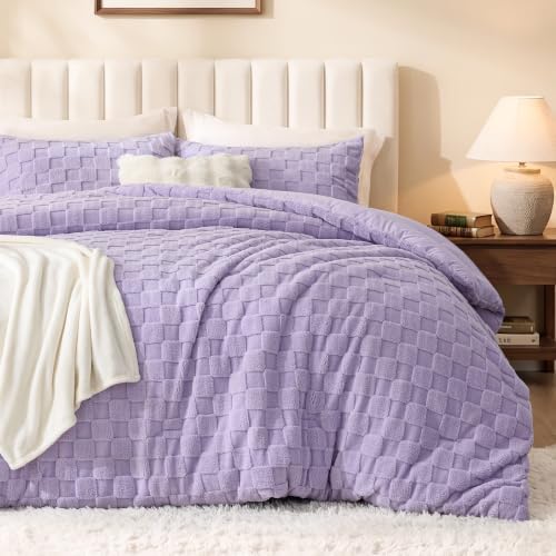Love's cabin Fleece King Comforter Set, Fluffy Reversible Bedding, Lavender