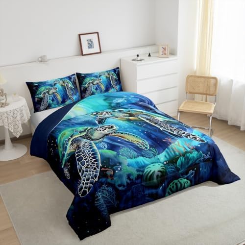 Homewish Sea Turtle Comforter Set Twin Size,Cute Sea Animal Bedding Sets for Kids Gilrs Boys Teens Adult Room Decor,Colorful Coral Pattern Down Comforter Blue Green Reversible Quilt Set,1 Pillowcase