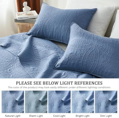 akkialla 118"x106" Bluish Grey California King Quilt Set, Oversized Floor-Length Bedspread, Modern Coin Pattern Microfiber Coverlet, 3-Piece All Season Bedding with 2 Pillow Shams