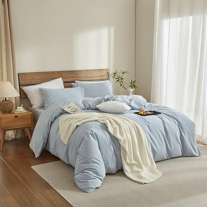 XINMIANFAN Blue Striped Duvet Cover Set King Size 100% Washed Cotton Linen Feel 3 Piece Bedding Set Comfy Breathable