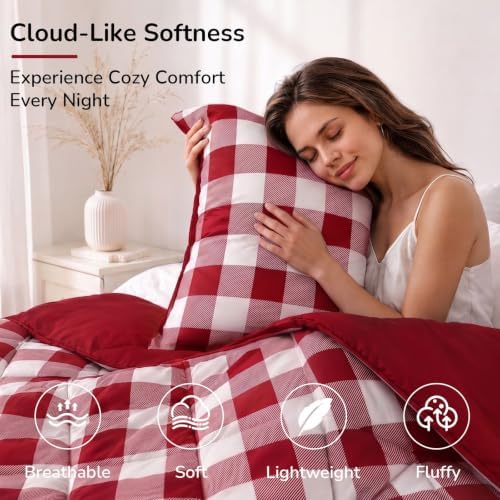 downluxe Lightweight Plaid Comforter Set (Queen) with 2 Pillow Shams - 3-Piece Set - Red/White Plaid - Down Alternative Reversible Comforter