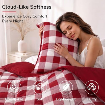 downluxe Lightweight Plaid Comforter Set (Queen) with 2 Pillow Shams - 3-Piece Set - Red/White Plaid - Down Alternative Reversible Comforter