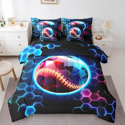 Erosebridal Baseball Full Bedding Set - 3D Glitter Ball Pattern Bed in A Bag,Colorful Neon Honeycomb Comforter Sets with Sheets, Geometric Hexagon 7 Pieces Bed Set Bedroom Decor