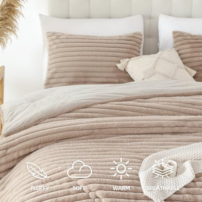 Smoofy Fluffy Queen Size Comforter 3 PCS - Linen Fleece Bedding Set