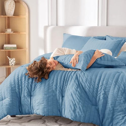 MUXHOMO 7 Pieces Oversized King Comforter Set, Seersucker Bed in a Bag Oversized King Size, All Season Luxury Bedding Set with Comforter, Flat Sheet, Fitted Sheet, Pillowcases & Shams, Mineral Blue