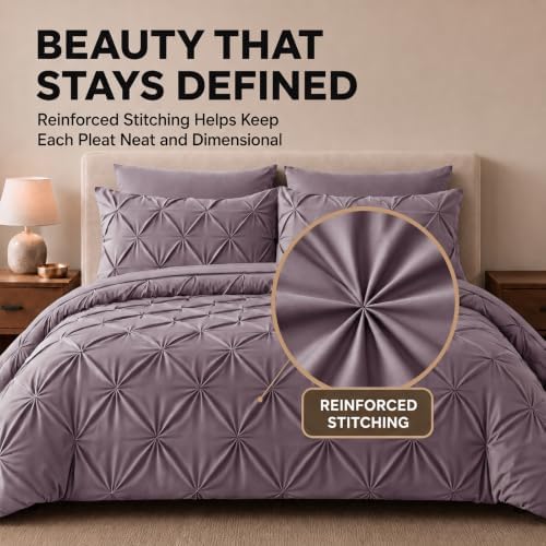 HIMEET King Size Comforter Set Dusty Purple - 7 Pieces Pintuck Bed in a Bag