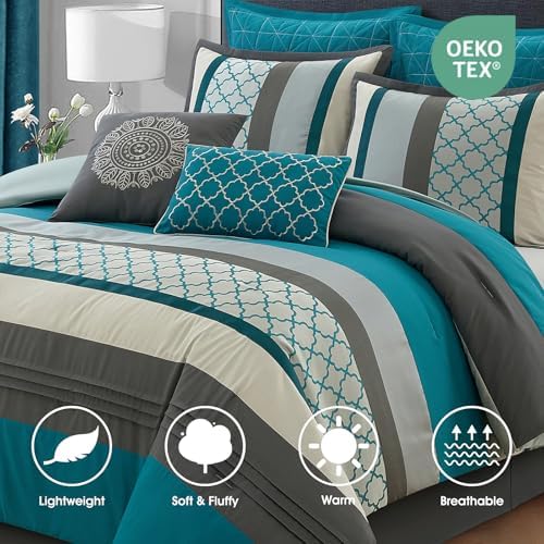 LANCO MODERN LIFESTYLE King Comforter Set, Grey Bedding Set, Jacquard Woven with Geometry, 16 Pieces Room in a Bag, Sheets, Bedskirt, Pillow Shams and Cases, Decorative Pillows and Curtains