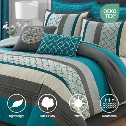 LANCO MODERN LIFESTYLE King Comforter Set, Grey Bedding Set, Jacquard Woven with Geometry, 16 Pieces Room in a Bag, Sheets, Bedskirt, Pillow Shams and Cases, Decorative Pillows and Curtains
