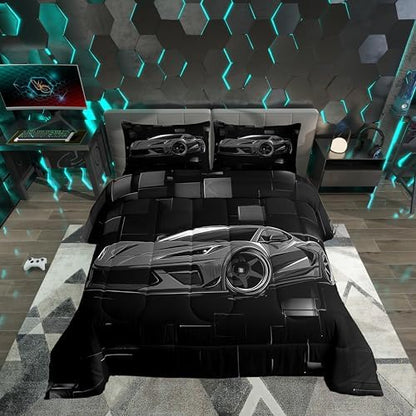 Erosebridal Cool Car Bedding Set King Size Grey Racing Car Comforter Set 3 Pieces Modern Abstract Geometric Checkered Bedding Comforter Sets Speed Sports Car Down Comforter Teens Bedroom Decor