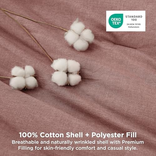 Bedsure PureWoven Cotton Comforter Set Prewashed, Queen, Pink Clay