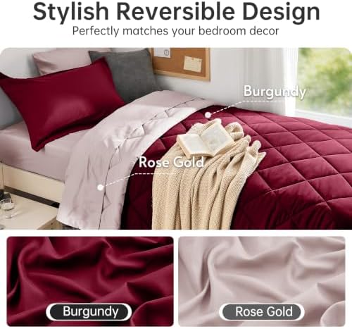 MUXHOMO 5 Pieces Twin XL Comforter Set, Reversible Bed in a Bag Twin XL Size, All Season Bedding Set with Comforter, Flat Sheet, Fitted Sheet, Pillowcases & Shams, Burgundy & Rose Gold