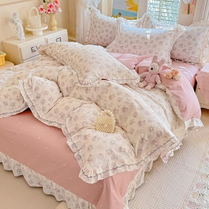 LifeTB Vintage Floral Duvet Cover Set Full, Aesthetic Pink Flower Bedding Set with Romantic Ruffle, 100% Cotton Botanical Cottagecore Duvet Cover, Princess Lace Comforter Cover with 2 Pillowcases