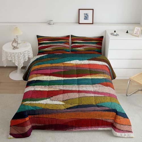 Castle Fairy Boho Wavy Bedding Set for Boys Girls,Rainbow Embroidered Waves All Season Cozy Comforter Set Full Size,Tribal Ethnic Geometric Duvet Set Bedroom Decor,Personalized Birthday Gifts