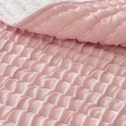 Wonderful 2PC Twin Size Textured Quilt Set - All Season Crinkle Voile Coverlet, Soft Puckered Grid Faux Hand-Quilted Bedspread, Lightweight Wrinkle-Resistant Pink Bedding with 1 Sham, 68"x88"