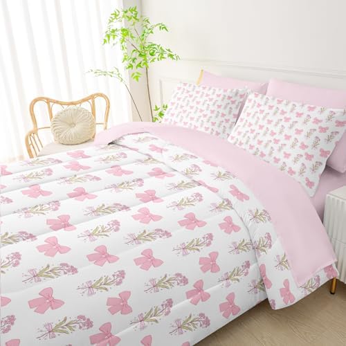 QOOMO Bow 7 Pieces Comforter Set Twin Size,Floral Bowknot Bedding Set