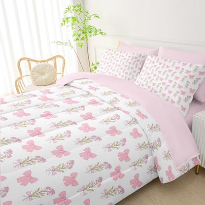 QOOMO Bow 7 Pieces Comforter Set Queen Size,Floral Bowknot Bedding Set