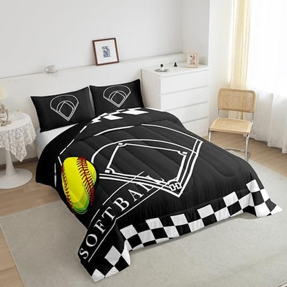 Erosebridal Kids Softball Comforter Set Twin, Black White Sports Bedding Set, Grid Checkered Duvet, Ball Game Quilted Comforter