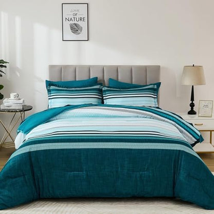 Dobuyly Teal King Size Comforter Set 7 Pieces, Blue Boho Striped Bed in a Bag Soft Microfiber All Season Bedding Set with Comforter, Sheets, Pillowcases & Shams
