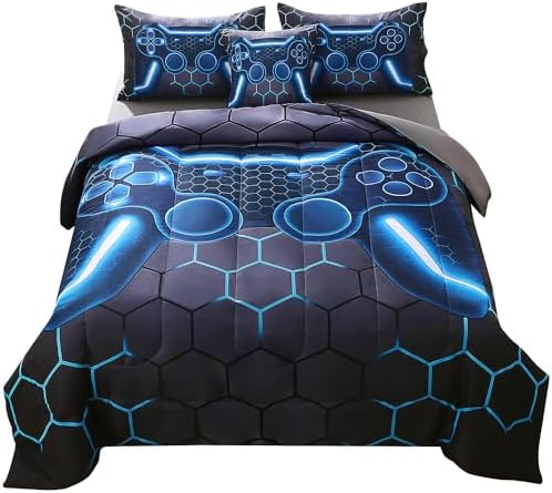 JQinHome Twin Gamer Comforter Set for Boys,6 Piece Bed in A Bag 3D Video Game Bedding -All Season Soft Microfiber Down Alternative Comforter Gamer Bedding Sets for Kids