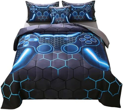 JQinHome Twin Gamer Comforter Set for Boys,6 Piece Bed in A Bag 3D Video Game Bedding -All Season Soft Microfiber Down Alternative Comforter Gamer Bedding Sets for Kids