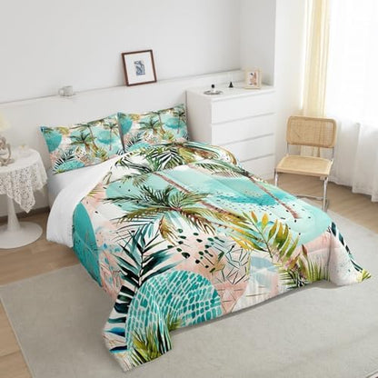 Manfei Tropical Beach Comforter Set King Size, Green Palm Trees Bedding Set 3pcs for Kids Boys Girls Room Decor, Summer Ocean Beach Theme Down Comforter with 2 Pillowcases, No Sheets