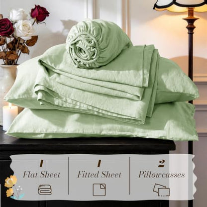 SONORO KATE 100% French Linen Queen Size Sheets Set,Natural Flax Bedding
