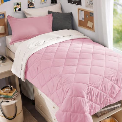 MUXHOMO 5 Pieces Twin XL Comforter Set, Reversible Bed in a Bag Twin XL Size, All Season Bedding Set with Comforter, Flat Sheet, Fitted Sheet, Pillowcases & Shams, Light Pink & Ivory