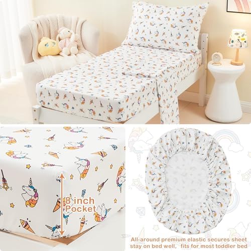 Mooreeke 4 Pieces Toddler Bedding Set - Soft Unicorn Rainbow Toddler Comforter Sets for Girls, Includes Quilted Comforter, Flat Sheet, Fitted Sheet and Pillowcase, Bed in A Bag for Baby Bedroom