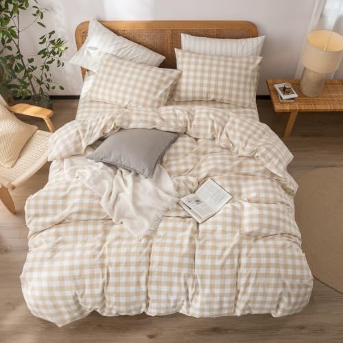 BESTOUCH Gingham Cotton Duvet Cover Set Almond Grey California King