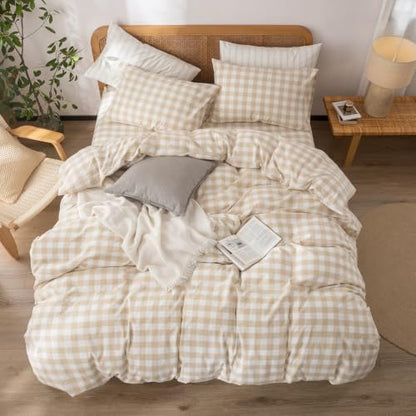 BESTOUCH Gingham Cotton Duvet Cover Set Almond Grey California King