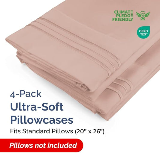 Standard Pillow Cases Set of 4 - Ultra Soft Hotel Quality Pillowcase Covers - Comfy Cozy Bedding for Women, Men, Kids & Teens - Machine Washable Pillow Protectors - 4 Piece Set - Standard Size Mauve